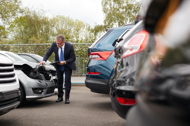 Foto assessor de perdas de seguros masculino com tablet digital inspeccionando danos no carro de um acidente de automóvel