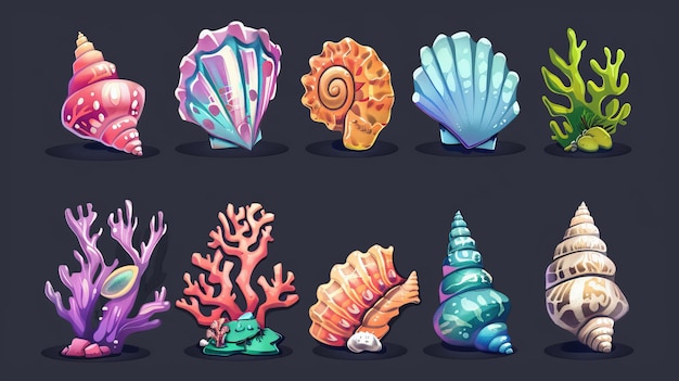 Assets de rango de nivel para juegos de conchas marinas Conjunto de dibujos animados de almejas con cuernos etapas de crecimiento con corales y algas para el diseño de la interfaz de usuario del juego
