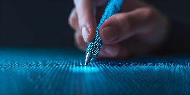 Foto assinatura digital azul documento eletrônico com caneta simbolizando tecnologia avançada conceito tecnologia assinaturas digitais documentos eletrônicos gestos de mão paleta de cores azuis