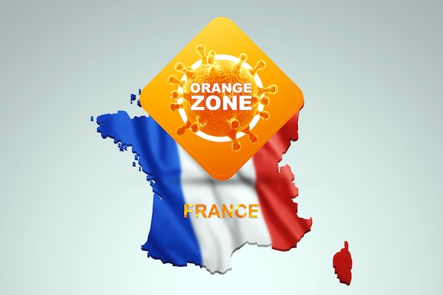 Assine com a inscrição Zona laranja no fundo de um mapa da França com a bandeira francesa. Nível de perigo laranja, coronavírus, bloqueio, quarentena, vírus. 3D render, ilustração 3D.