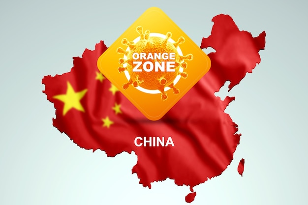 Assine com a zona de inscrição laranja no fundo de um mapa da China com a bandeira chinesa. Nível de perigo laranja, coronavírus, bloqueio, quarentena, vírus. 3D render, ilustração 3D.