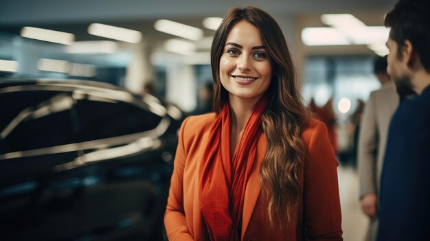 Foto assiste à emoção quando uma jovem feliz compra o carro dos seus sonhos numa concessionária