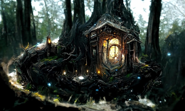 Assistente de casa de fantasia de conto de fadas na floresta Um portal para outros mundos Portas e janelas brilhantes de uma casa de conto de fadas assustadora em uma floresta escura ilustração fantástica