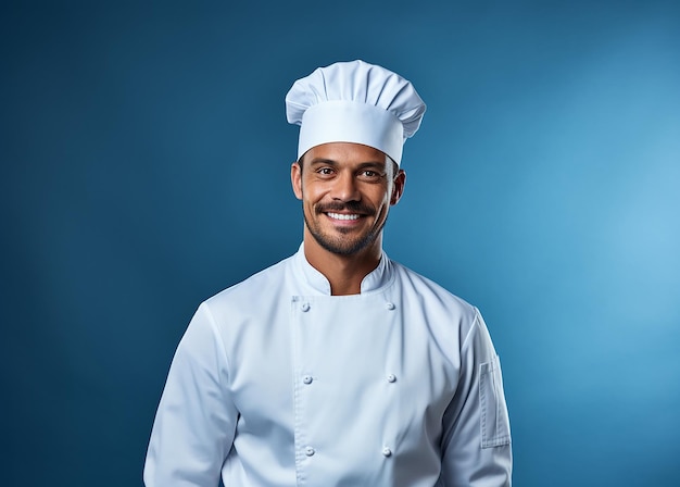 Assistente de chef habilidoso em fundo azul sólido