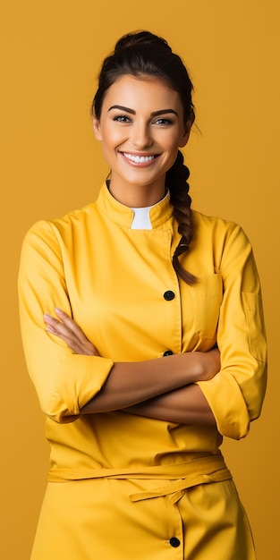 Assistente de chef habilidoso em fundo azul sólido