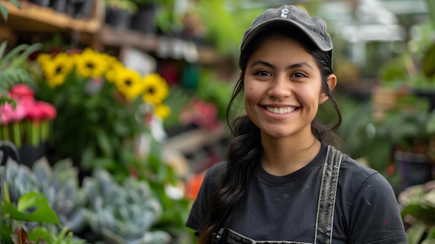 Assistente de florista servindo clientes com um sorriso Venda de flores de conceito