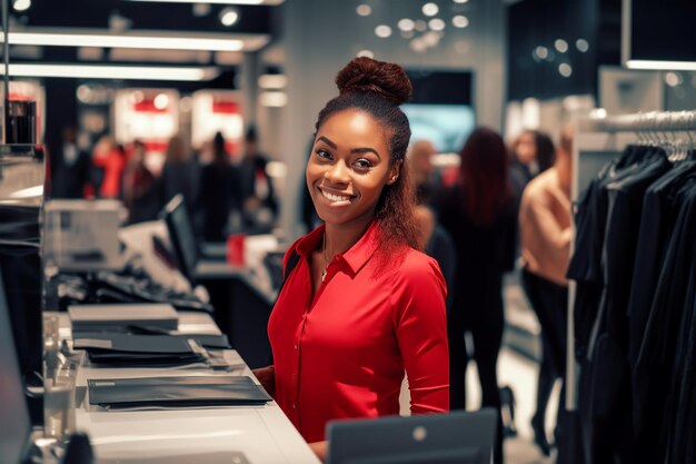 Assistente de loja afro-americana atraente no trabalho em uma loja de roupas