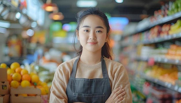 Assistente de supermercado de pé com os braços cruzados orgulhosa do seu trabalho Concept Professional