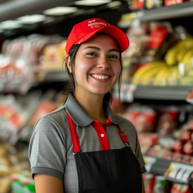 Assistente de vendas num supermercado a demonstrar produtos lácteos e alimentos