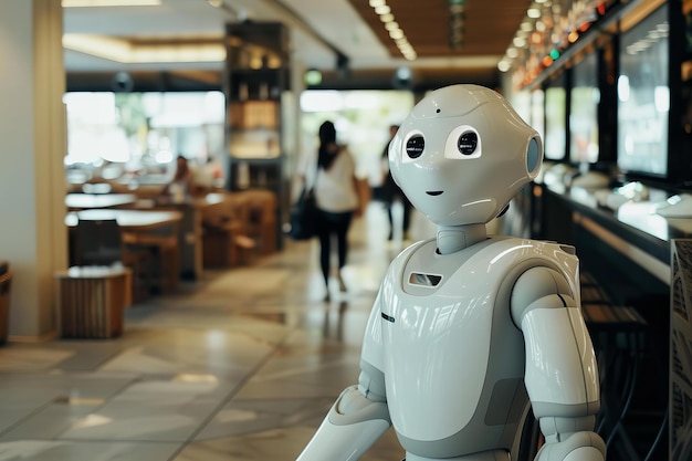 Assistente robótico amigável cumprimentando convidados em um café moderno