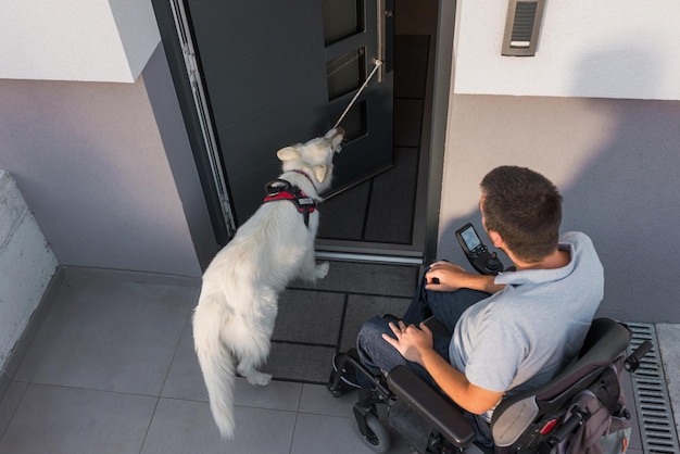 Assistenzhund hilft einem Mann im Rollstuhl, indem er eine Tür schließt