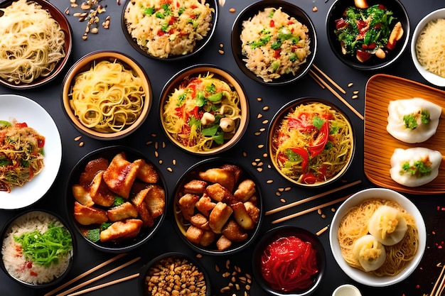 Assorted Chinese Food Set Chinesische Nudeln gebratener Reis Knödel Pekingente Dim Sum Frühlingsrollen Berühmte Gerichte der chinesischen Küche auf dem Tisch Draufsicht Chinesisches Restaurantkonzept Bankett im asiatischen Stil