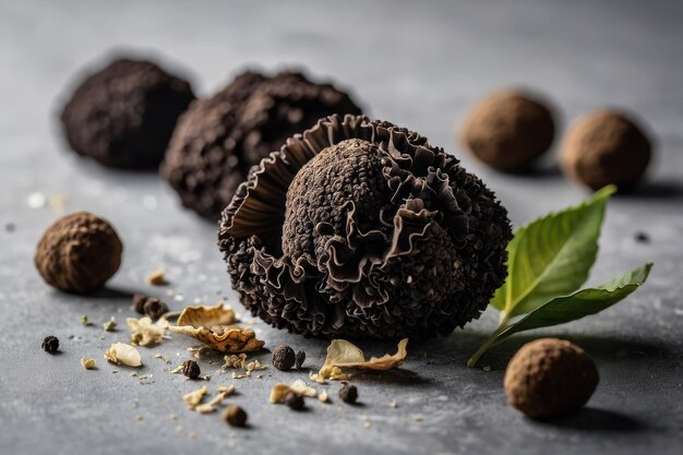 Foto assorted fresh truffles with green leaves on dark background