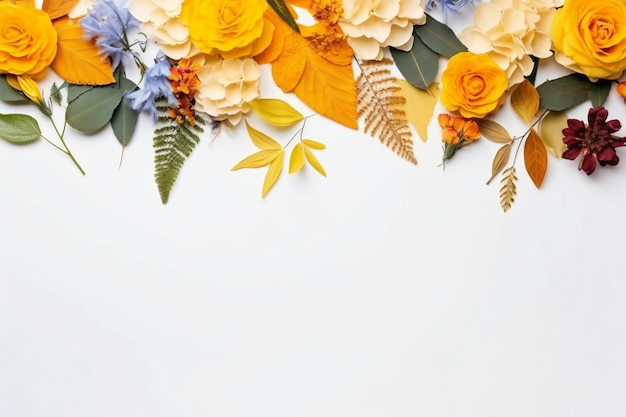 Assortimento de folhas e flores em fundo branco