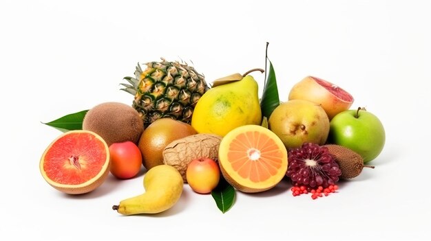 Assortimento de frutas tropicais exóticas isoladas em fundo branco gerado por IA