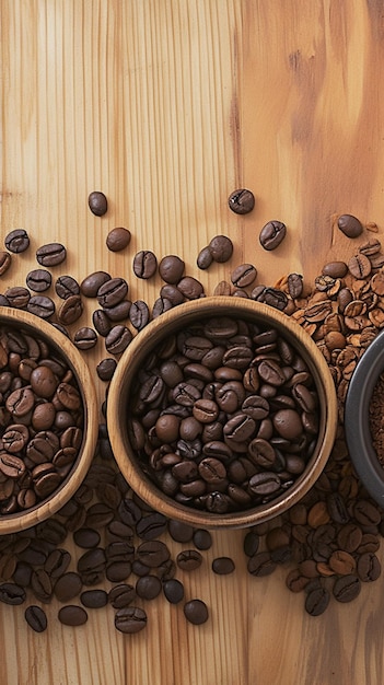 Assortimento de grãos de café em fundo de madeira texturizado rico aroma Vertical Mobile Wallpaper