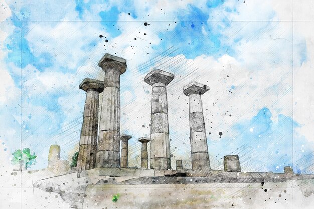 Foto assos, ruinas de la ciudad antigua, behramkale, turquía. dibujo de ilustración artística.