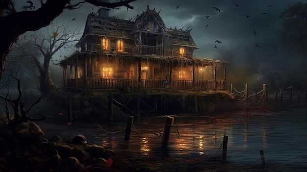 Assustador, assustador, assombrado, Riverside House, isolado do mundo exterior com fundo escuro