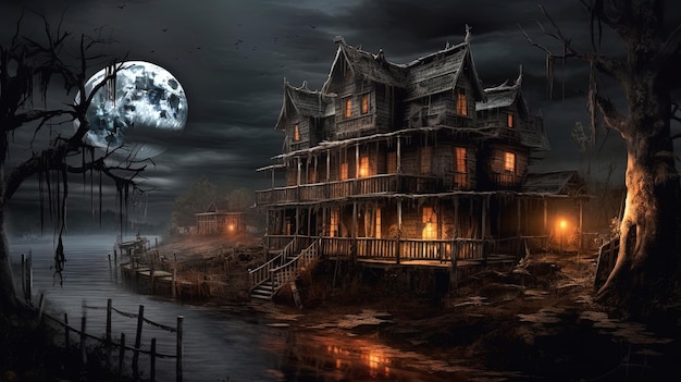Foto assustador, assustador, assombrado, riverside house, isolado do mundo exterior com fundo escuro