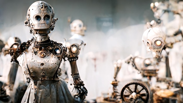 Assustador robô mulher android Mecanismos antigos de metal Engrenagens