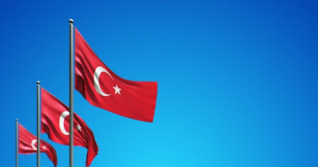 Asta de bandera 3D que vuela Turquía en el cielo azul