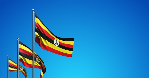 Asta de bandera 3D que vuela Uganda en el cielo azul