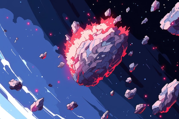 Asteroid mit Himmel-Hintergrund im Pixel-Art-Stil