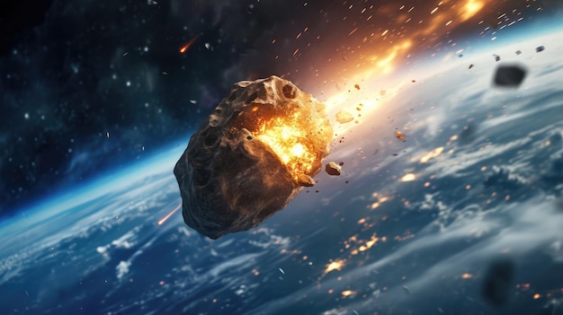Foto el asteroide con ia generativa vuela hacia la tierra disparado por el impacto de un meteorito en la tierra