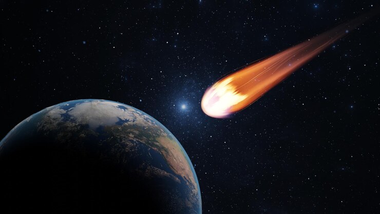 Foto asteroide queda de cometa para a terra armageddon desastre perigo meteorito enorme cometa de fogo está voando no espaço em direção à terra 3d render elementos desta imagem fornecida pela nasa 3d render