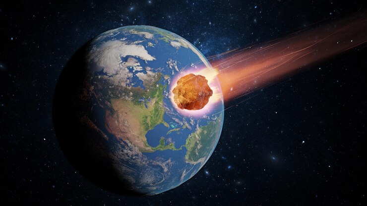 Foto asteroide queda de cometa para a terra armageddon desastre perigo meteorito enorme cometa de fogo está voando no espaço em direção à terra 3d render elementos desta imagem fornecida pela nasa 3d render