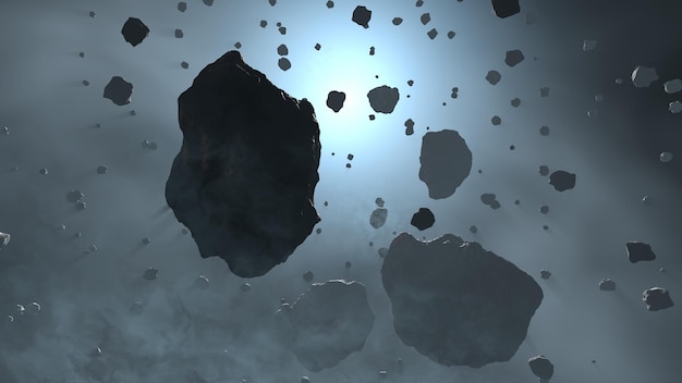 Asteroiden fliegen im Weltraumgürtel aus großen metallischen Asteroiden Felsen und Trümmerschwärmen, die durch den Weltraum fliegen, kosmischer Hintergrund 3D-Rendering