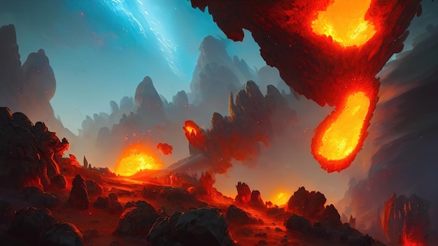 Asteróides espaciais caindo em explosões de planetas e colisões de cometas no espaço Fantasia paisagem cósmica da formação do universo o big bang ilustração 3d