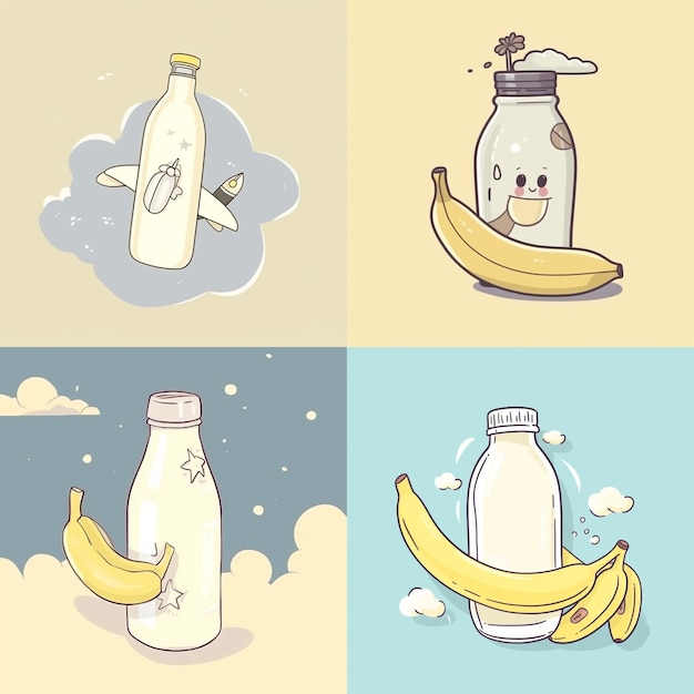 Foto astético bonito desenho animado de uma garrafa de leite de banana avião fundo cremoso