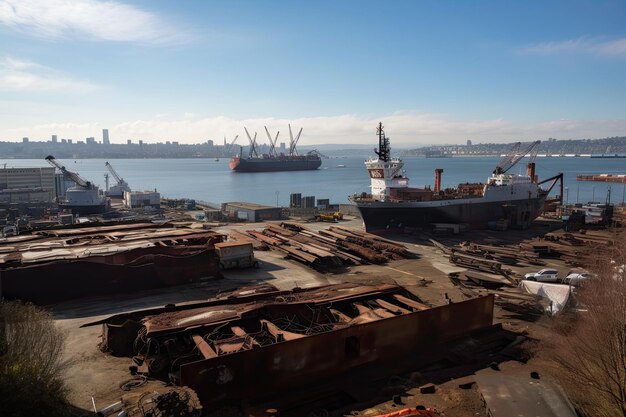 Astillero con barcos en construcción y vista del horizonte de la ciudad distante