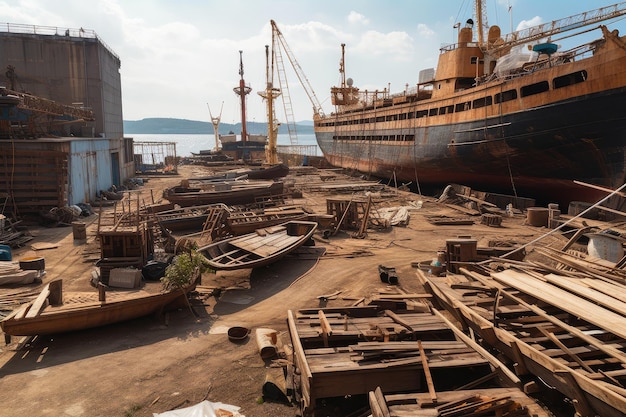 Astillero con barcos de madera en construcción y herramientas y suministros esparcidos por el suelo