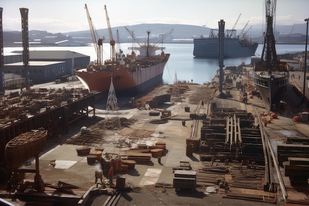 Astillero con vista de un barco que se construye en diques secos