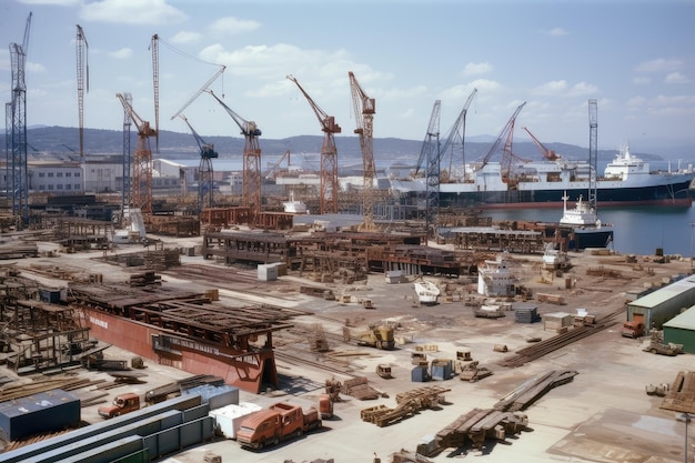 Astillero con vista de grúas y barcos en varias etapas de construcción