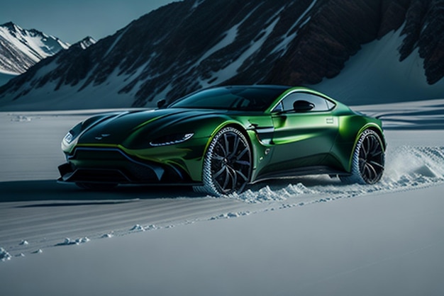 Un Aston Martin Vantage verde en una carretera de hielo en áreas montañosas Vista del coche corriendo a alta velocidad