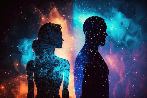 Astralkörper Mann und Frau Silhouetten von Angesicht zu Angesicht neuronales Netzwerk AI generierte Kunst