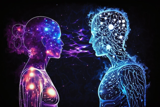 Astralkörper Mann und Frau Silhouetten von Angesicht zu Angesicht neuronales Netzwerk AI generierte Kunst