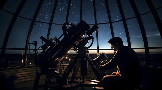 Astrofísicos em um observatório observando corpos celestes