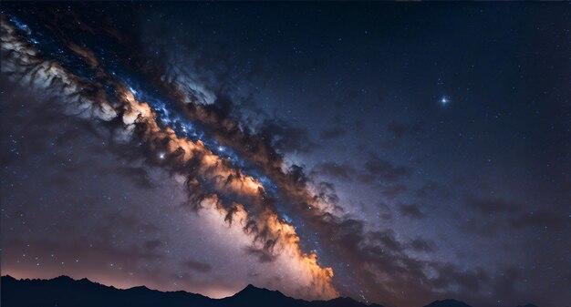 Foto astrofotografía panorámica de la galaxia visible de la vía láctea