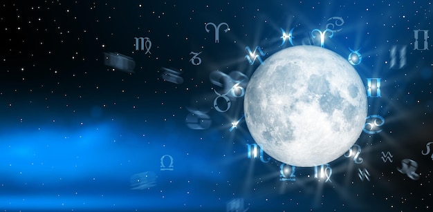 Astrologische Tierkreiszeichen innerhalb des Horoskopkreises Astrologisches Wissen über Sterne am Himmel über der Milchstraße und dem Mond Die Kraft des Universumskonzepts