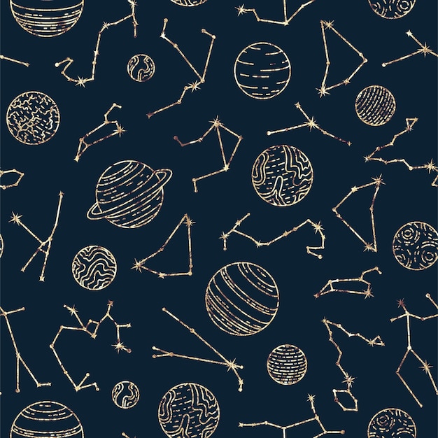 Astrologisches nahtloses Muster mit Konstellationen und Planeten. Goldfolie Textur