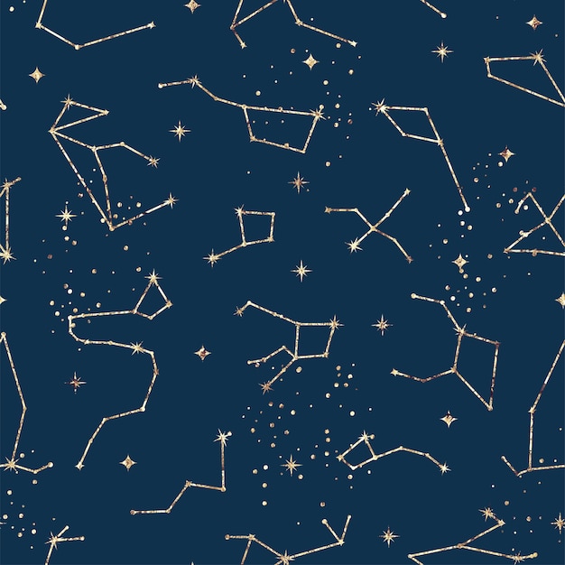 Astrologisches nahtloses Muster mit Sternen und Konstellationen. Goldfolie Textur
