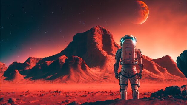 Astronaut auf dem Mars, dem Roten Planeten, mit außerirdischen UFOs und modernen Technologiemaschinen