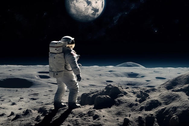 Astronaut auf dem Mond mit dem Mond im Hintergrund