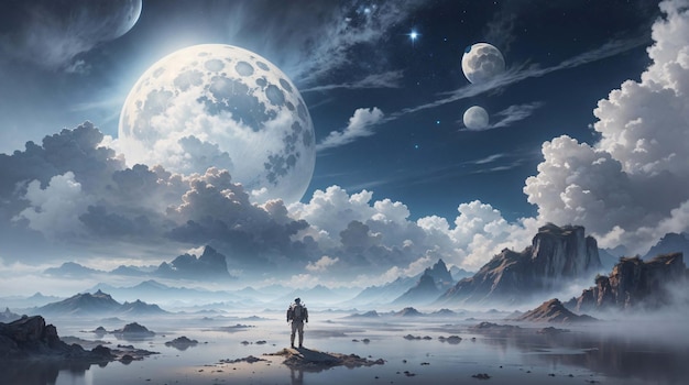 Astronaut auf der Oberfläche eines außerirdischen Planeten mit Wolkenatmosphären-Landschaftshintergrund
