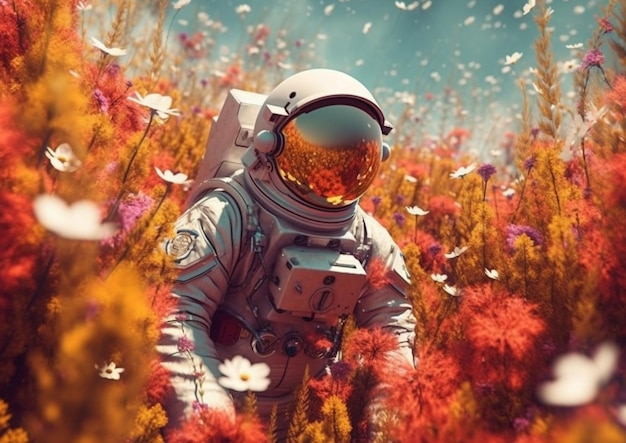 Astronaut auf einem Feld mit Blumen