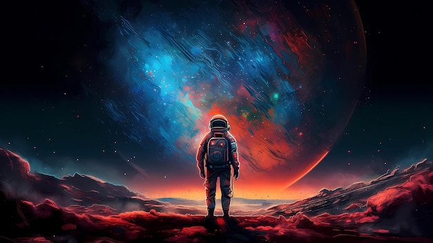 Astronaut, der auf einer digitalen Kunstillustration eines desolaten Planeten steht